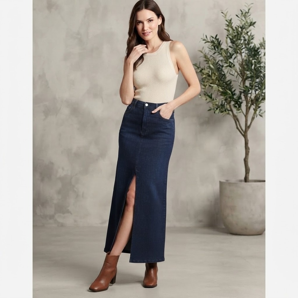 Kenneth Cole Womens High Rise Maxi Skirt Midnight Rinse Wash Front Slit Size 12